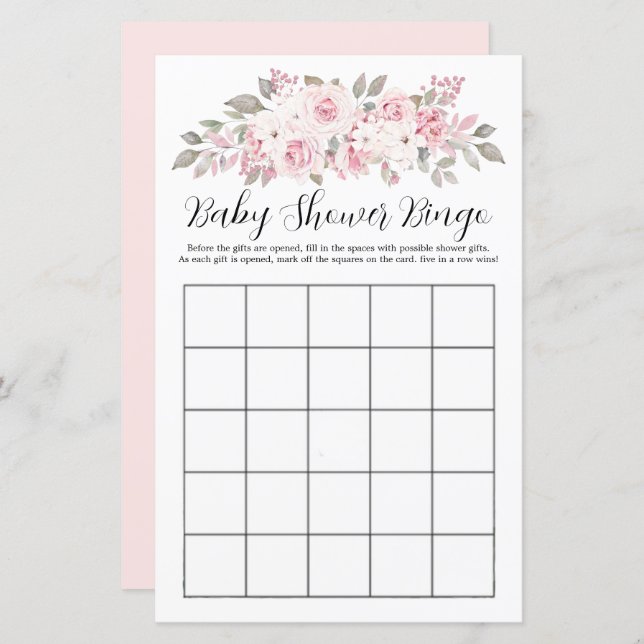 Pink Rose Floral Baby Shower Bingo Game (Front/Back)
