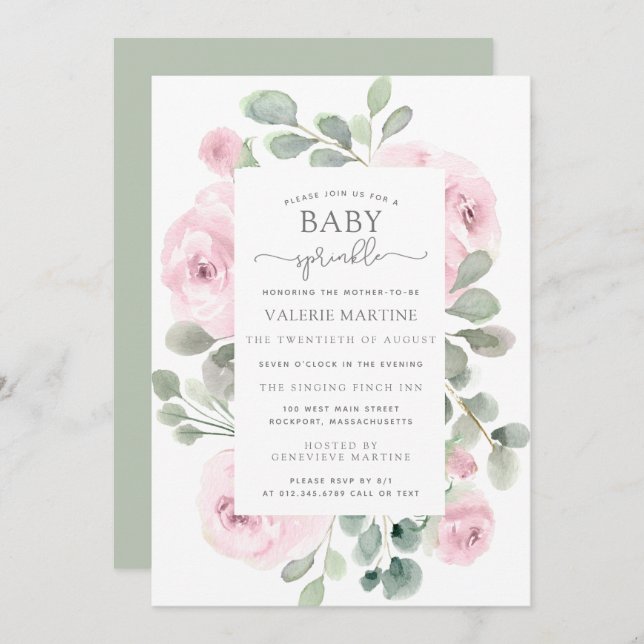 Pink Rose Floral Baby Sprinkle Invitation (Front/Back)