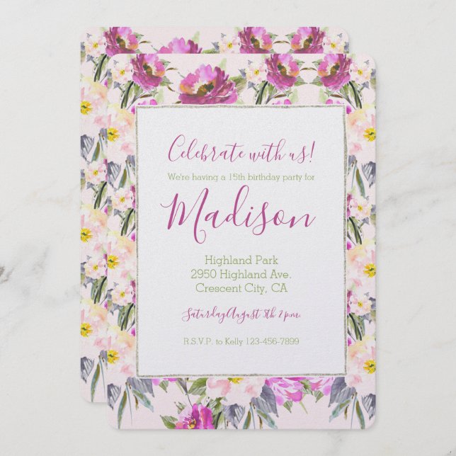 Pink Rose Floral Birthday Invitation (Front/Back)