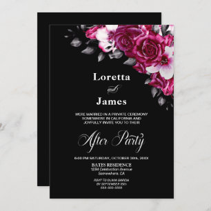 Pink Rose Floral Black Wedding Reception Invitation