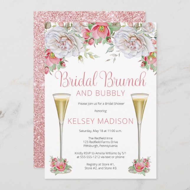Pink Rose Floral Blooms Bridal Brunch and Bubbly I Invitation (Front/Back)