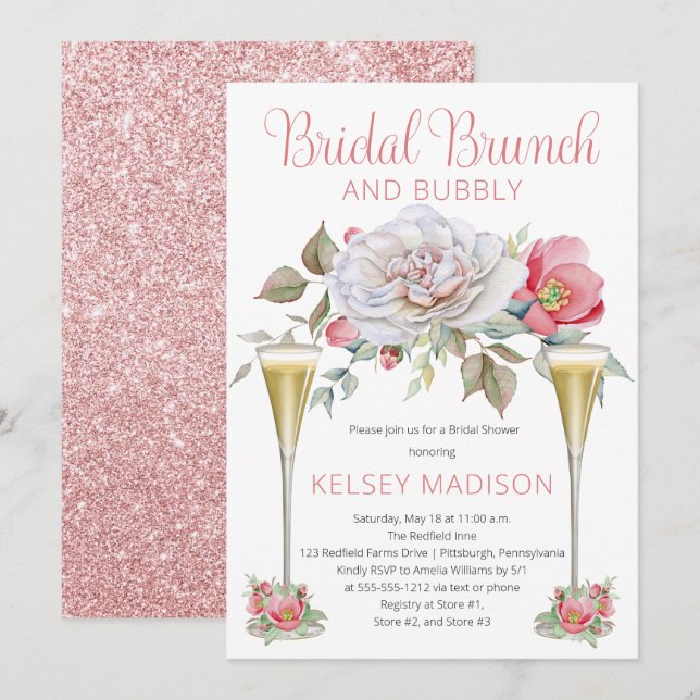 Pink Rose Floral Blooms Bridal Brunch and Bubbly Invitation (Front/Back)