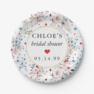 Pink Rose Floral Blue Flowers Bridal Shower Paper Plate