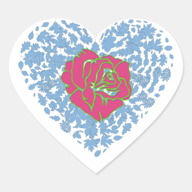 Pink Rose Floral Blue Valentine's Day Sweeping Heart Sticker (Front)