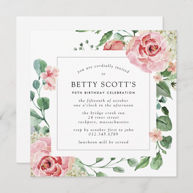 Pink Rose Floral Botanical 90th Birthday Party Invitation (Front/Back)