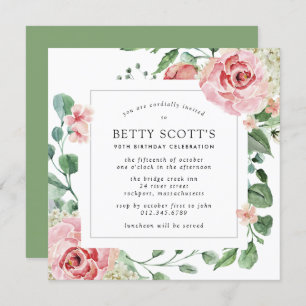 Pink Rose Floral Botanical 90th Birthday Party Invitation