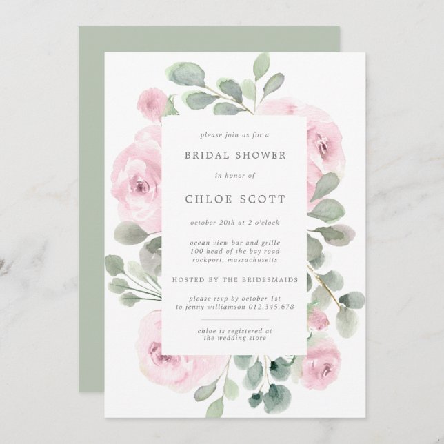 Pink Rose Floral Botanical Bridal Shower Invitation (Front/Back)