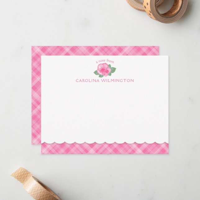 Pink Rose Floral Botanical Preppy Plaid Scallop Card (Front/Back In Situ)