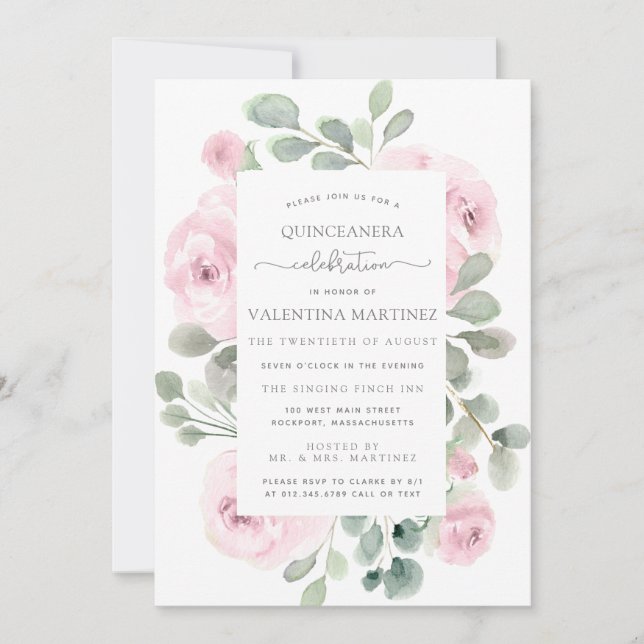 Pink Rose Floral Botanical Quinceanera Invitation (Front)