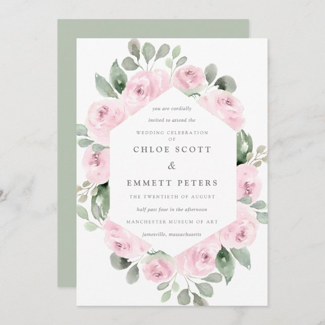 Pink Rose Floral Botanical Wedding Invitation (Front/Back)
