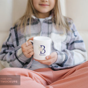 Pink rose floral bouquet blue monogram mug