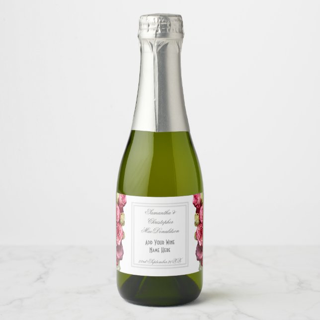 Pink rose floral bouquet wedding sparkling wine label (Front)