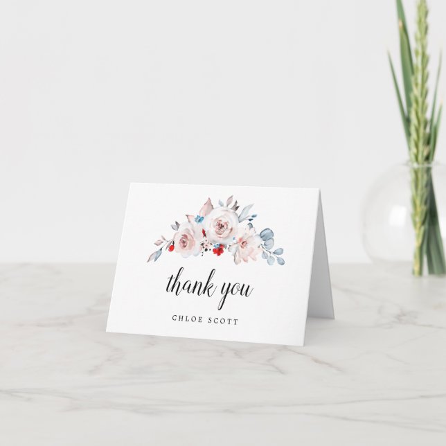 Pink Rose Floral Bridal Shower Photo Thank You Card (Front)