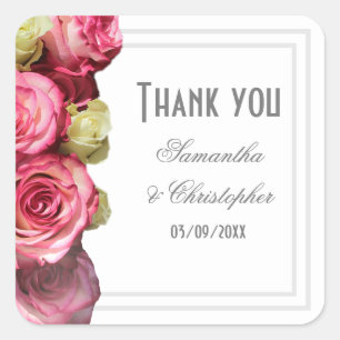Pink rose floral bridal wedding thank you square sticker