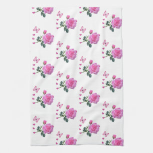 Pink Rose Floral Butterfly Hearts  Hand Towel
