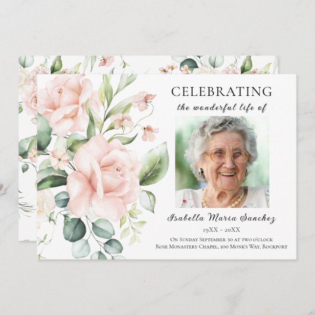 Pink Rose Floral Celebration of Life Photo Invitation (Front/Back)