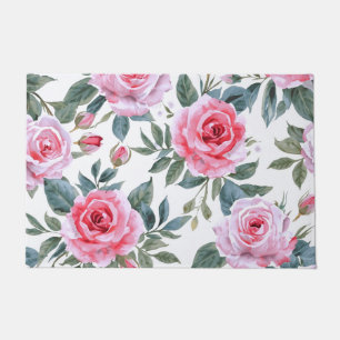 Pink Rose Floral Cottagecore Watercolor Pattern Doormat