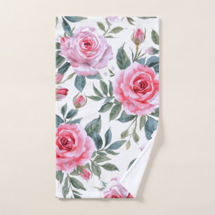 Pink Rose Floral Cottagecore Watercolor Pattern Hand Towel