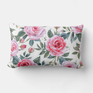 Pink Rose Floral Cottagecore Watercolor Pattern Lumbar Cushion