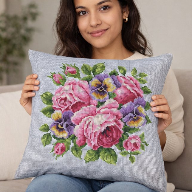 Pink Rose Floral Cross Stitch Throw Pillow (Creator Uploaded)
