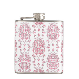 Pink Rose Floral Damask Style Pattern Hip Flask