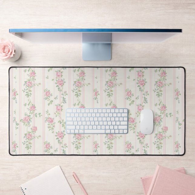 Pink Rose Floral Desk Mat (pink coquette cottagecore vintage rose floral pattern desk mat)