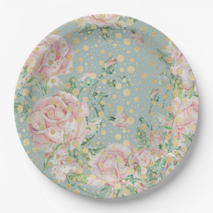 Pink rose floral dot gold teal elegant vintage paper plate