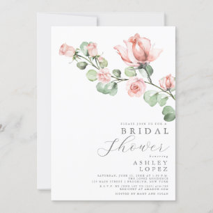 Pink Rose Floral Elegant Minimal Bridal Shower Invitation