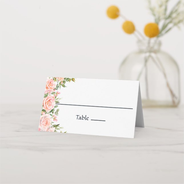 Pink Rose Floral Elegant Wedding Place Card (Front)