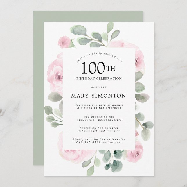 Pink Rose Floral Eucalyptus 100th Birthday Party Invitation (Front/Back)