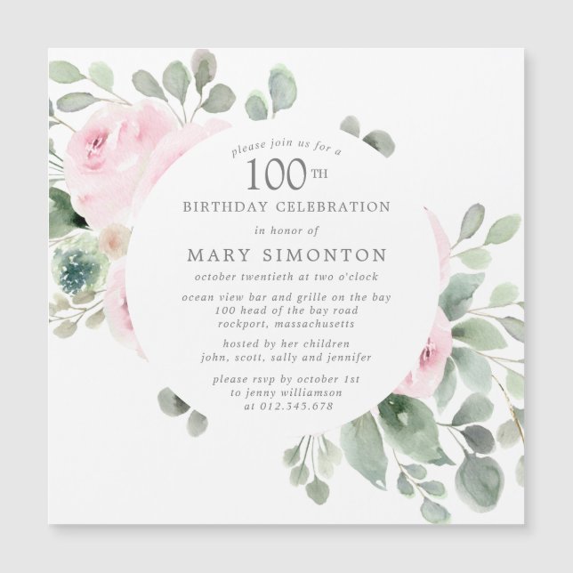 Pink Rose Floral Eucalyptus 100th Birthday Party Magnetic Invitation (Front)