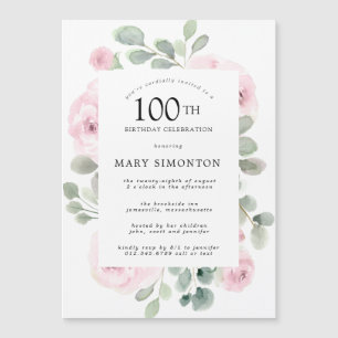 Pink Rose Floral Eucalyptus 100th Birthday Party Magnetic Invitation