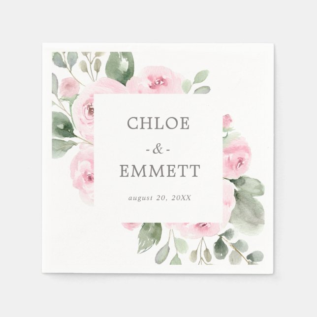 Pink Rose Floral Eucalyptus Wedding Napkins (Front)
