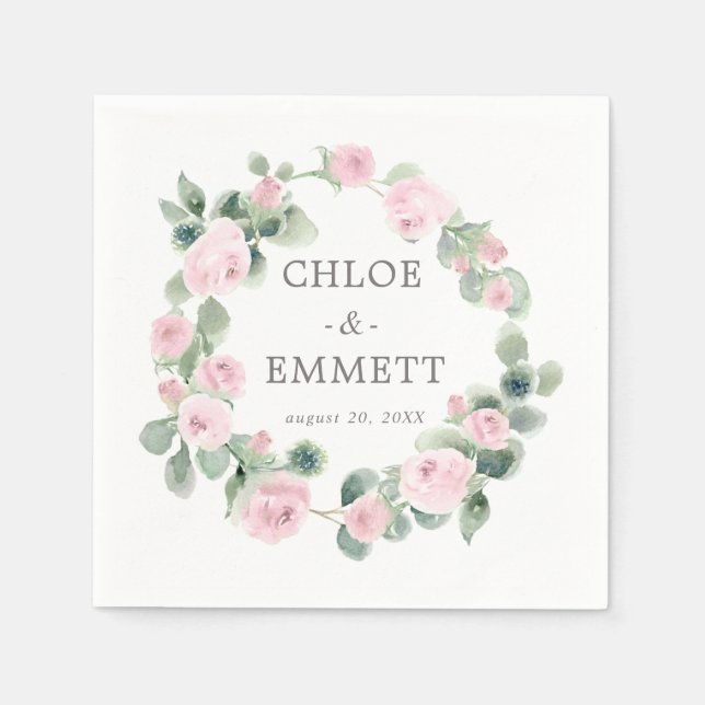 Pink Rose Floral Eucalyptus Wedding Napkins (Front)