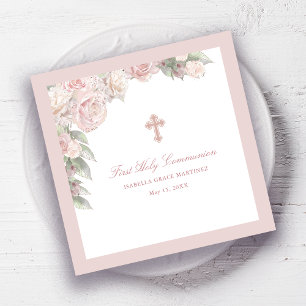 Pink Rose Floral First Communion Cocktail Napkin