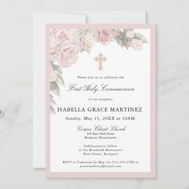 Pink Rose Floral First Communion Invitation (Front)