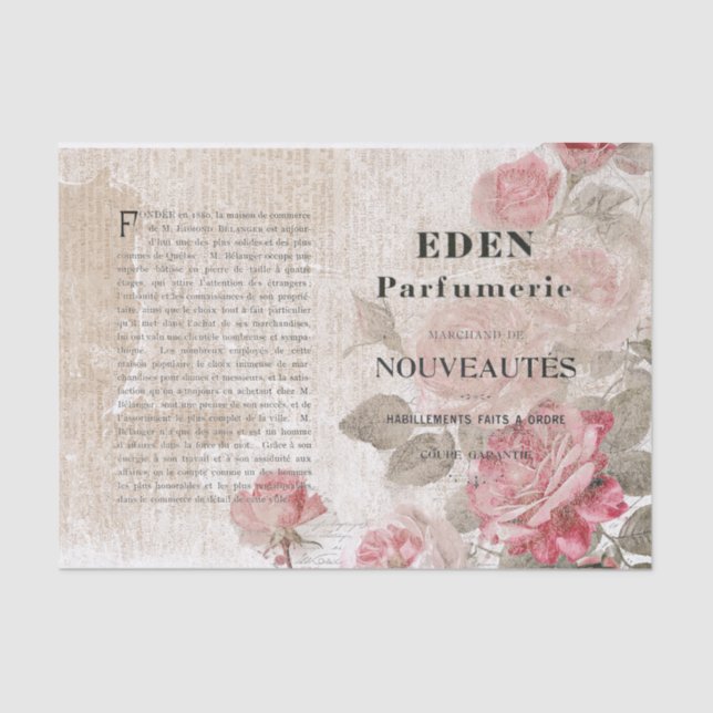 Pink Rose Floral French Script Shabby Decoupage    Tissue Paper (Front)