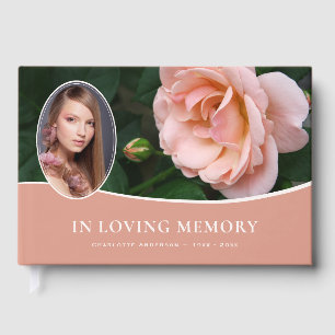 Pink Rose Floral Funeral Memorial Photo Guest Book