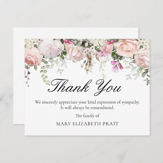 Pink Rose Floral Funeral Thank You Card (Front/Back)