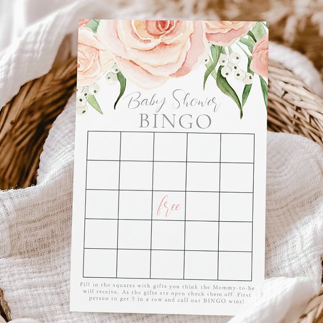 Pink Rose Floral Girl Baby Shower Bingo Game Card (Creator Uploaded)