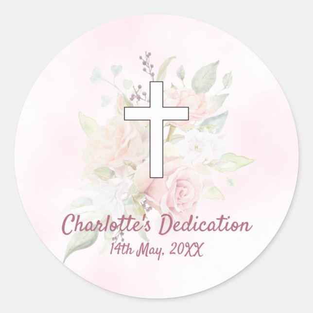 Pink rose floral girl Dedication Classic Round Sticker (Front)