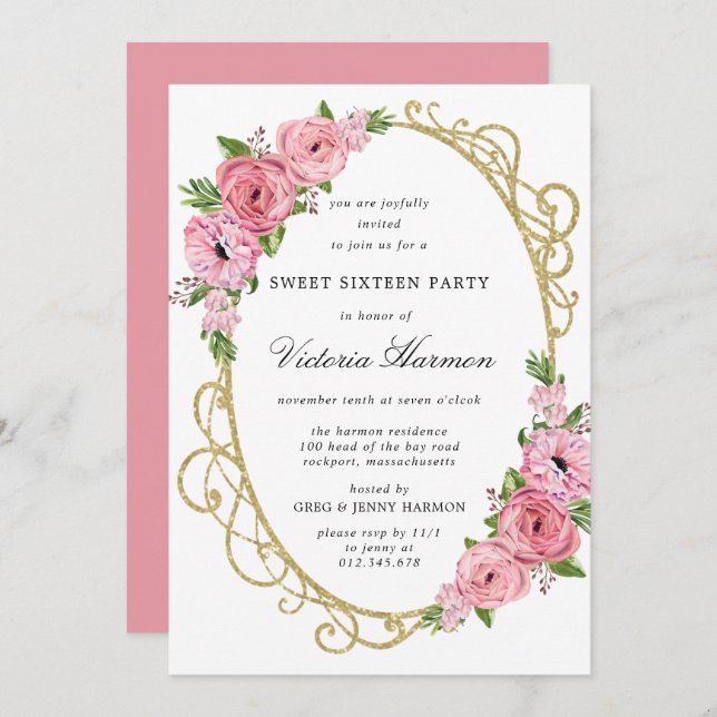 Pink Rose Floral Gold Frame Sweet 16 Party Invitat Invitation (Front/Back)