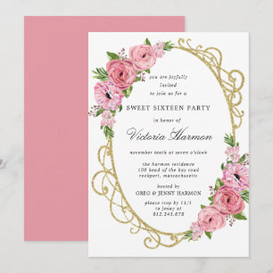 Pink Rose Floral Gold Frame Sweet 16 Party Invitat Invitation