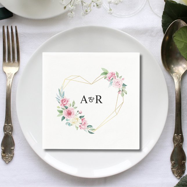 Pink Rose Floral Gold Heart Shaped Frame Wedding Napkin (Creator Uploaded)