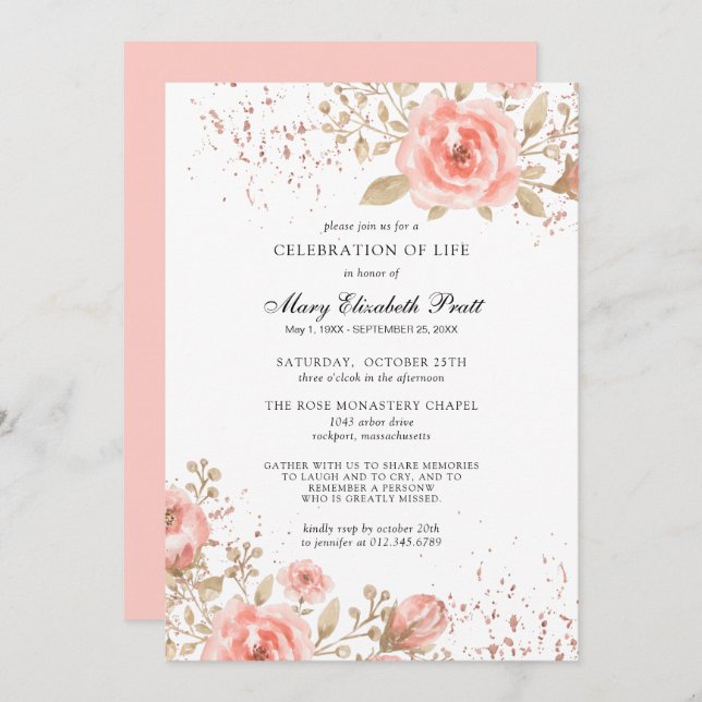 Pink Rose Floral Gold Leaves Celebration of Life Invitation (Front/Back)