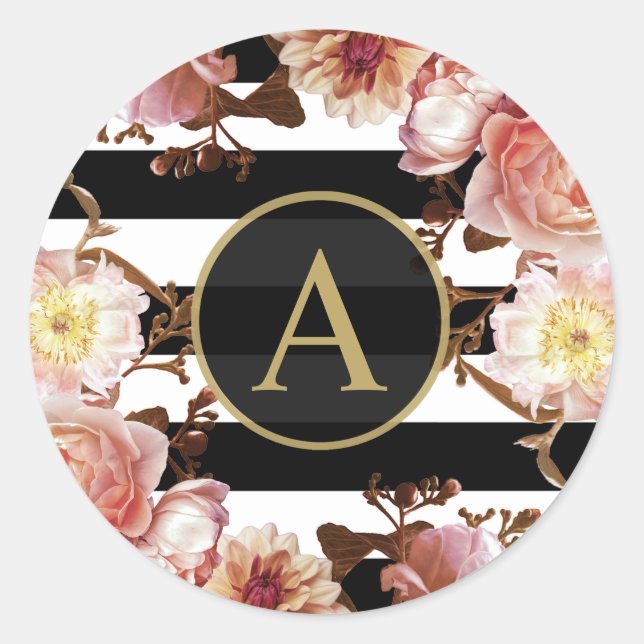 Pink Rose Floral Gold Monogram Black White Stripe Classic Round Sticker (Front)