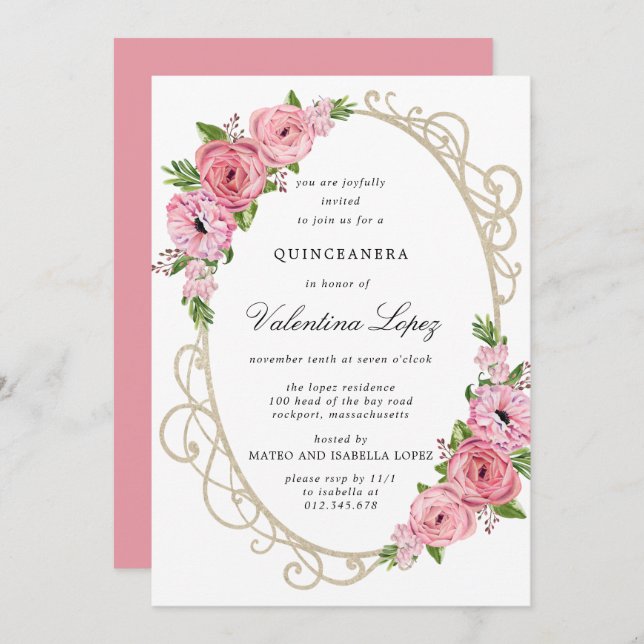 Pink Rose Floral Gold Quinceanera Invitation (Front/Back)