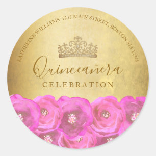 Pink Rose Floral Gold Quinceañera Return Address Classic Round Sticker