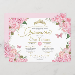 Pink Rose Floral Gold Tiara Butterfly Quinceanera Invitation