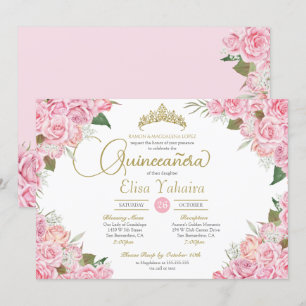 Pink Rose Floral Gold Tiara Quinceanera  Invitation